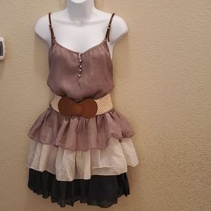 Boho Tiered Ruffle Spaghetti Strap Dress Size XL Mocha Navy Belt